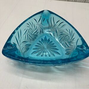 Vtg Hazel Atlas Ashtray Triangular Glass Blue Trinket Dish Starburst Pinwheel